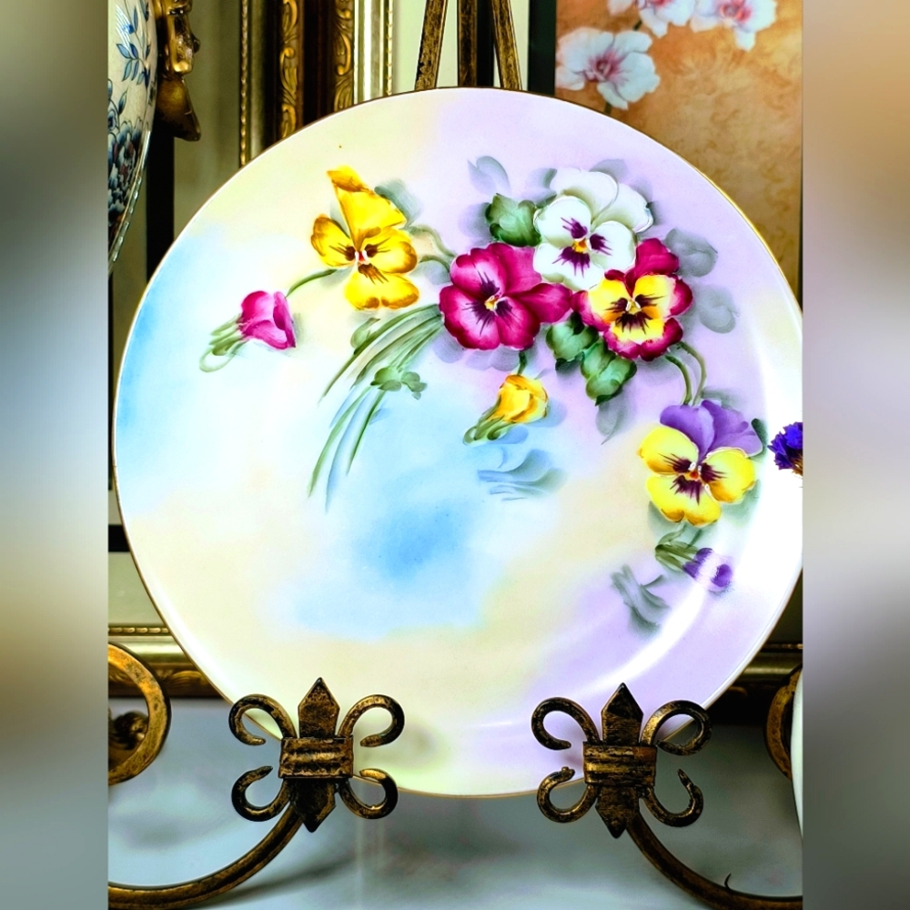 Floral Decorative Plate with Pansies,Unique, rare and beautiful, MZ AUSTRIA, SIG